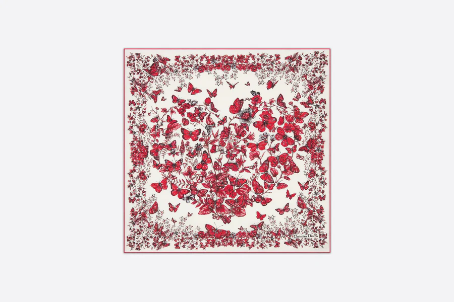 روسری ابریشمی دیور مدل LE CŒUR DES PAPILLONS 70 SQUARE SCARF White And Red Silk Twil